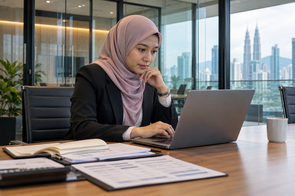Pengurus perolehan menyemak pesanan di komputer riba di bilik mesyuarat berdinding kaca Pengurus perolehan menyemak pesanan di komputer riba di bilik mesyuarat berdinding kaca