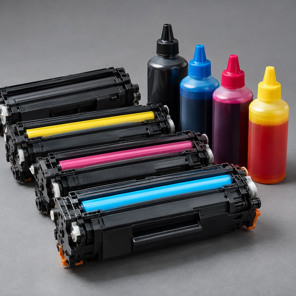 Kartrij toner hitam dan berwarna di sebelah botol dakwat empat warna Kartrij toner hitam dan berwarna di sebelah botol dakwat empat warna