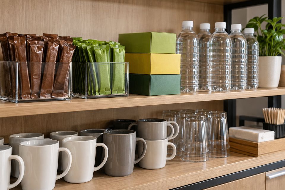 Rak pantri pejabat dengan uncang kopi, kotak teh, botol air dan mug Rak pantri pejabat dengan uncang kopi, kotak teh, botol air dan mug