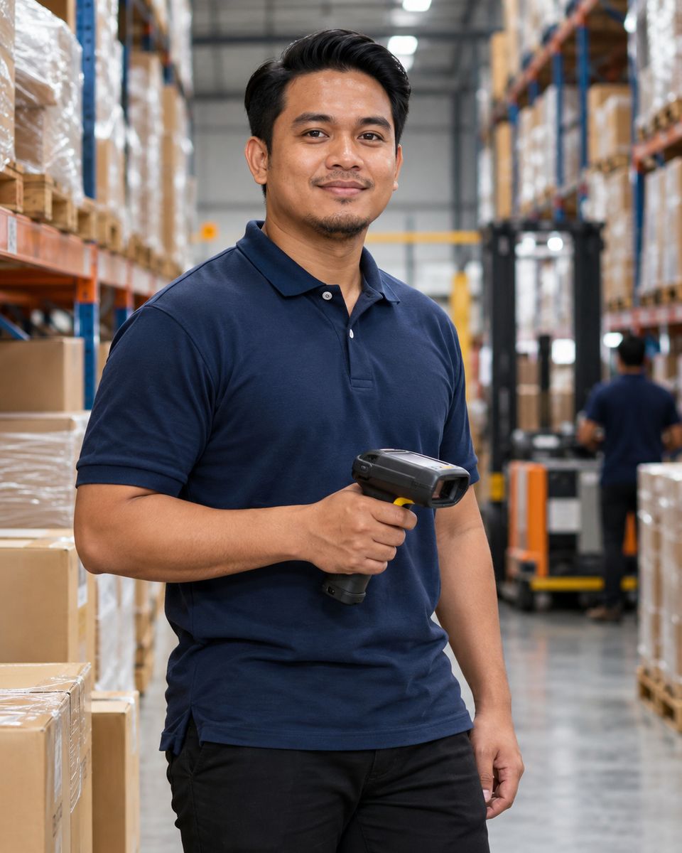 Ketua gudang berbaju polo memegang pengimbas kod bar di lorong gudang
